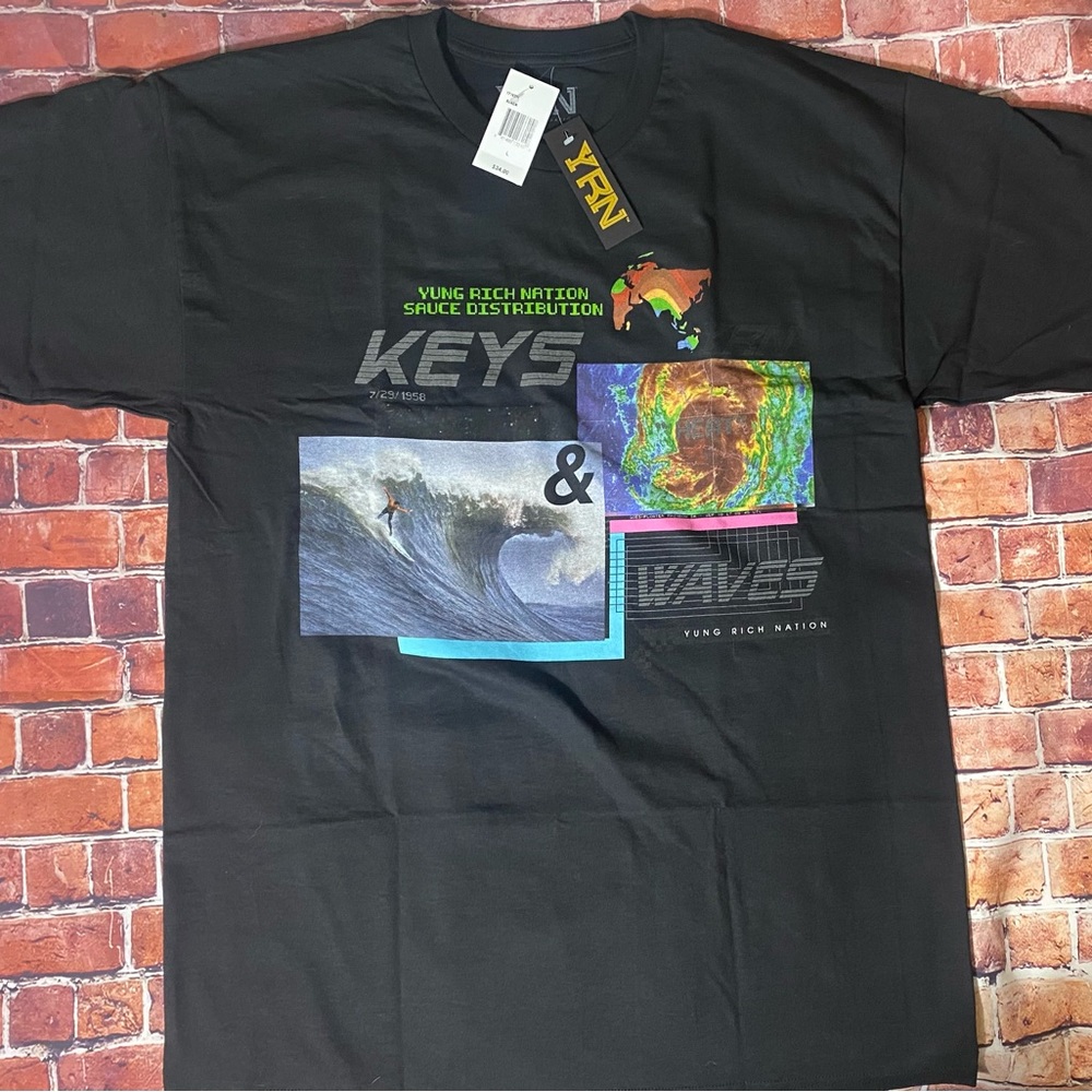 NWT YRN Young Rich Nation Keys & Waves Culture Black T Shirt Sz. L